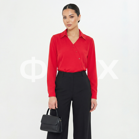 ФNYX Damenbluse mit gerafften Ärmeln und Schalkragen – Langärmlig (Rot)