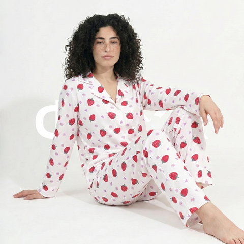 ФNYX Damen-Pyjama-Set S–XL – Rosa Erdbeermuster, Knopfleiste 