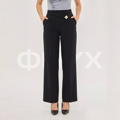 ФNYX Women’s Square Button Wide-Leg Pants – High-Waist Black Trousers