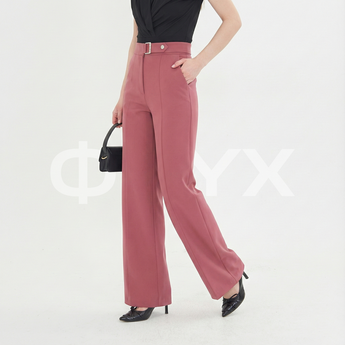 ФNYX Damen-Hose mit Schnallendetail und weitem Bein – Palazzo-Hose mit hohem Bund (Kirschrot)