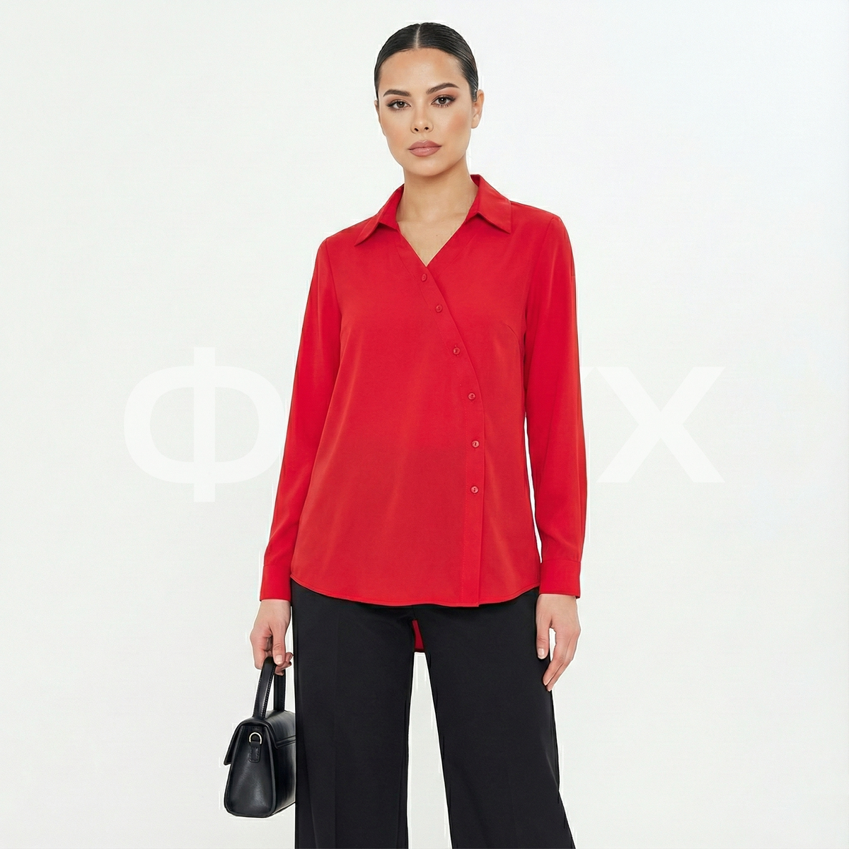 ФNYX Damenbluse mit gerafften Ärmeln und Schalkragen – Langärmlig (Rot)