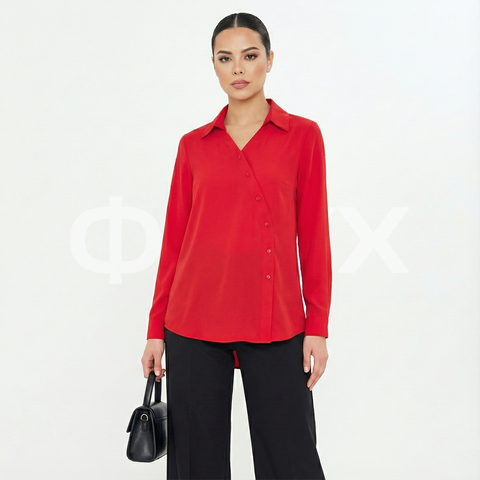 ФNYX Damenbluse mit gerafften Ärmeln und Schalkragen – Langärmlig (Rot)