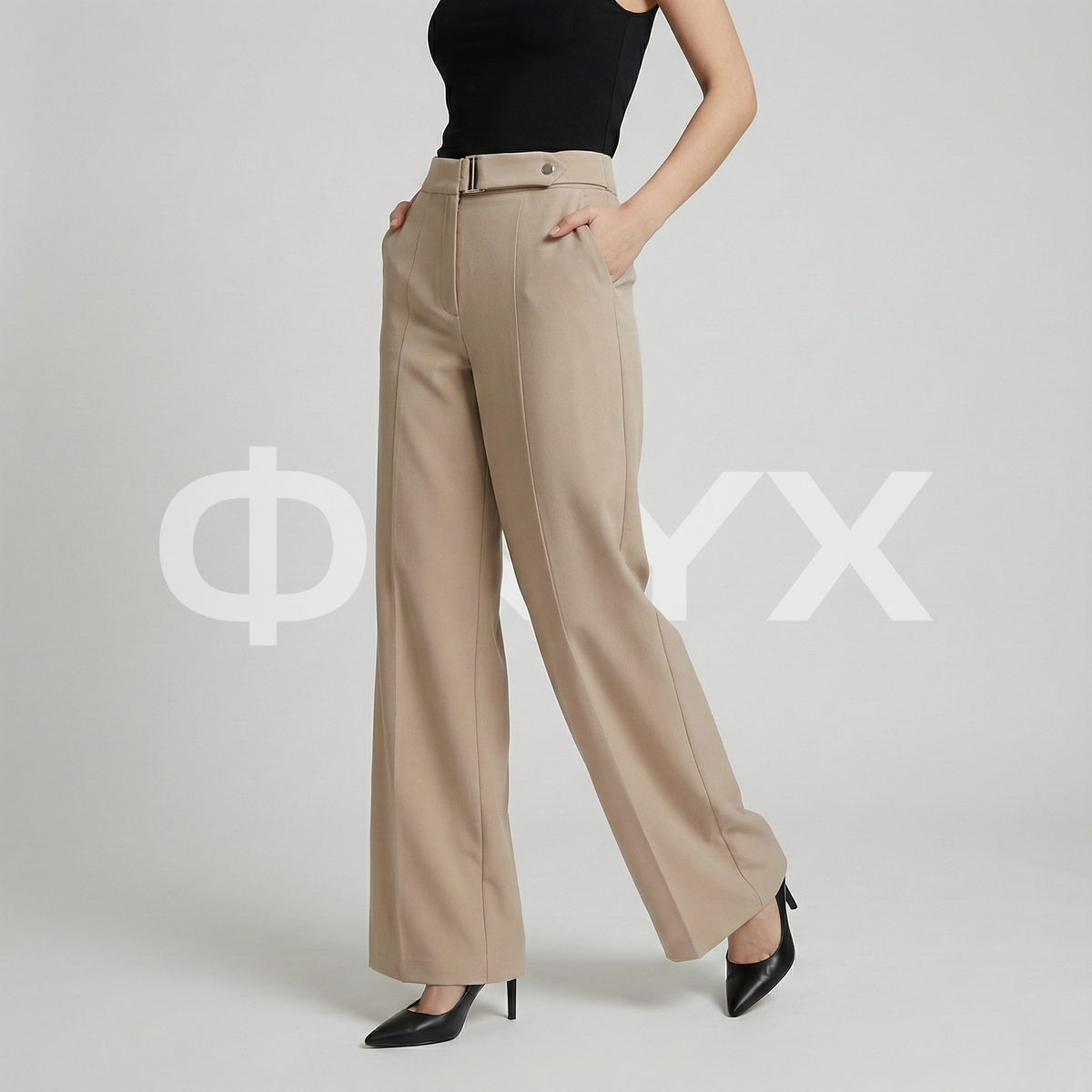 ФNYX Damen-Hose mit Schnallendetail und weitem Bein – Palazzo-Hose mit hohem Bund (Beige)