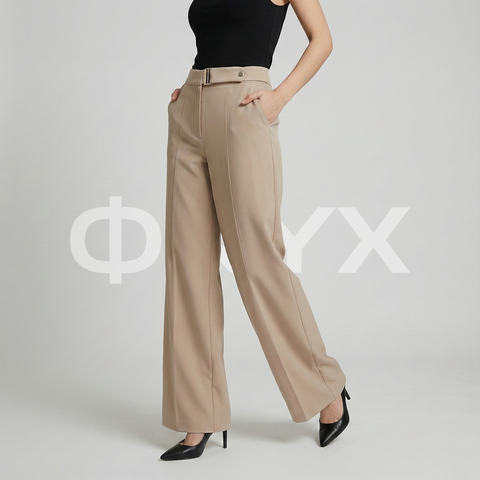 ФNYX Damen-Hose mit Schnallendetail und weitem Bein – Palazzo-Hose mit hohem Bund (Beige)