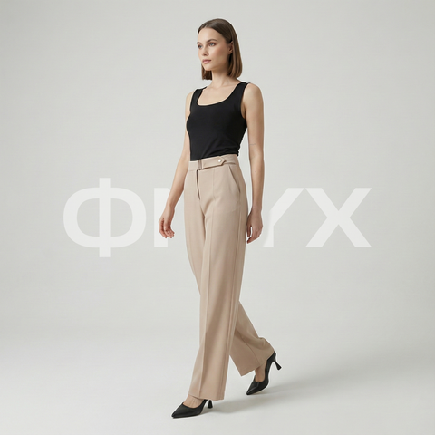 ФNYX Damen-Hose mit Schnallendetail und weitem Bein – Palazzo-Hose mit hohem Bund (Beige)