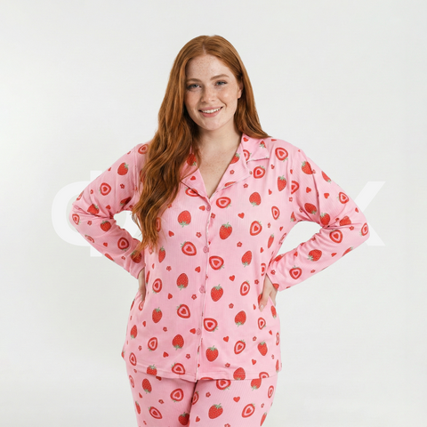 ФNYX Pyjama-Set für Damen in Übergröße (3XL bis 5XL) – Rosa Erdbeer- und Herzmuster 