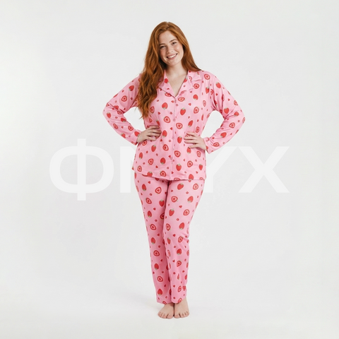ФNYX Pyjama-Set für Damen in Übergröße (3XL bis 5XL) – Rosa Erdbeer- und Herzmuster 