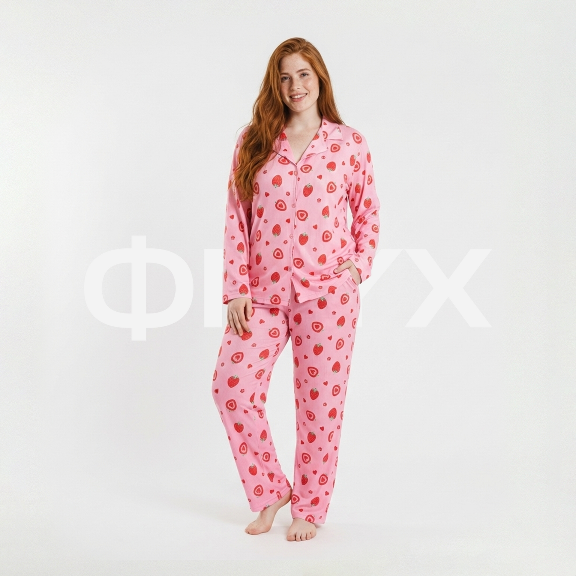 ФNYX Plus Size Women’s Pajama Set 3XL To 5XL – Pink Strawberry & Heart Print