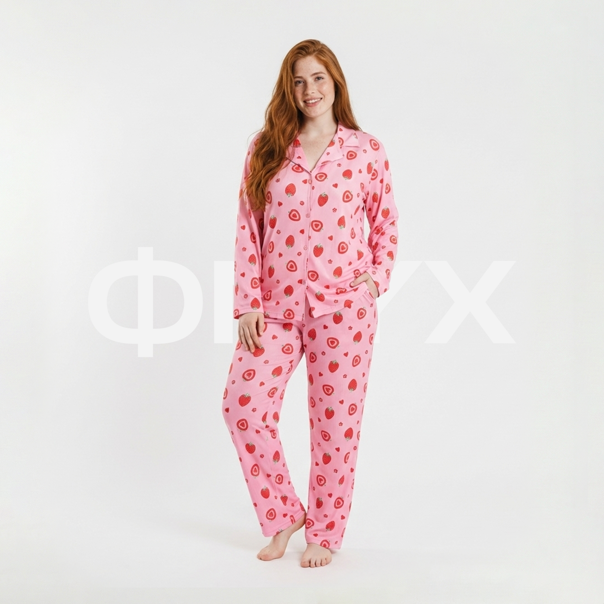 ФNYX Plus Size Women’s Pajama Set 3XL To 5XL – Pink Strawberry & Heart Print