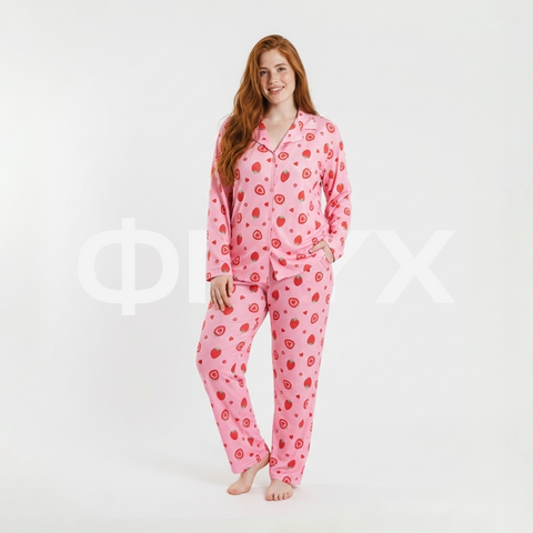 ФNYX Pyjama-Set für Damen in Übergröße (3XL bis 5XL) – Rosa Erdbeer- und Herzmuster 