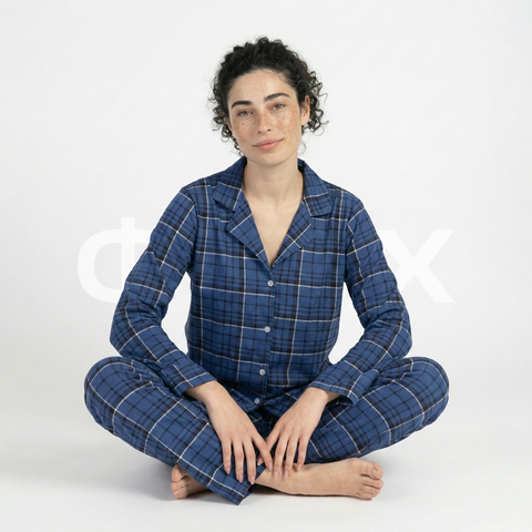 ФNYX Damen-Pyjama-Set S–XL – Blau karierter Nachthemd mit Knöpfen 