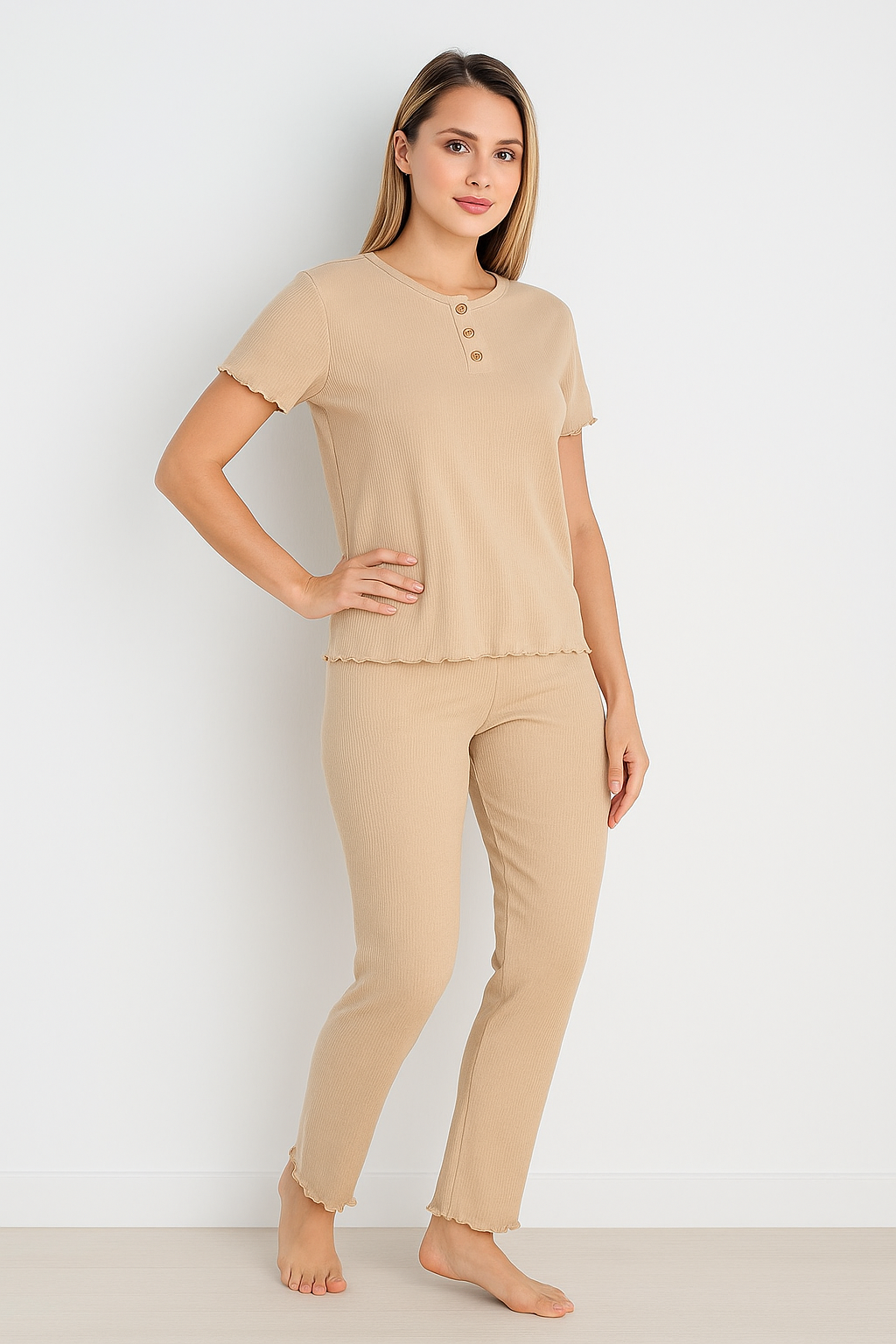 Women’s Beige Ribbed Loungewear Set – Onyx Sleepwear