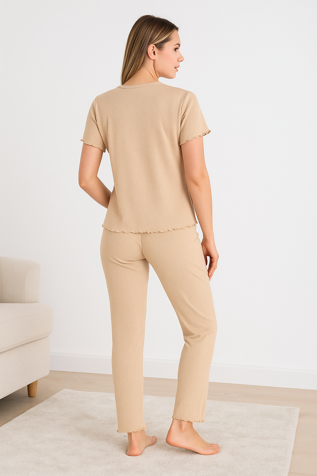 Women’s Beige Ribbed Loungewear Set – Onyx Sleepwear