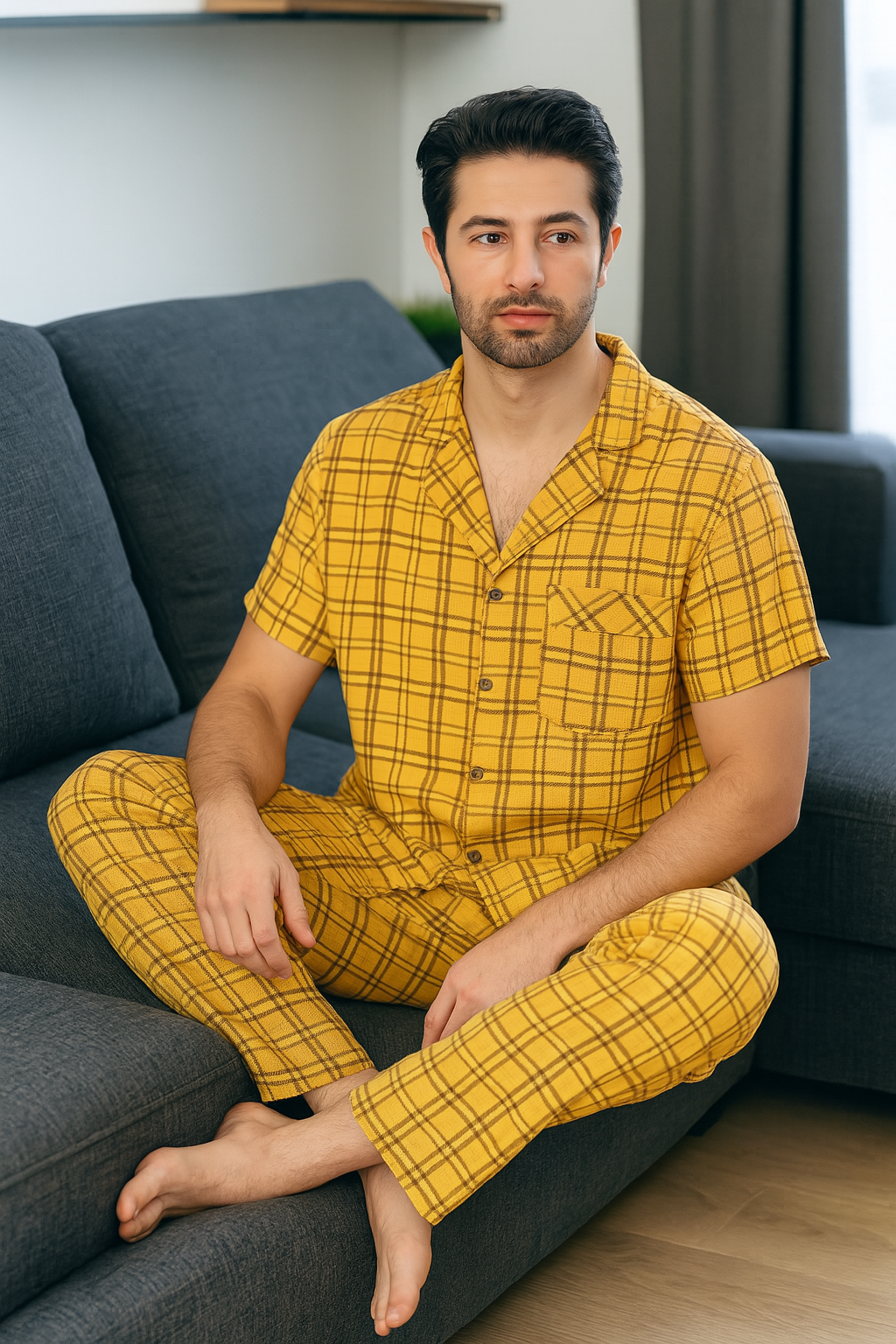ONYX Men’s Premium Yellow Checkered Loungewear Set – Dokuma Plantinium