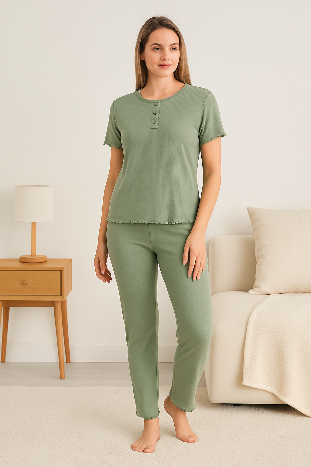 Women’s Sage Green Ribbed Loungewear Set – Onyx Sleepwear