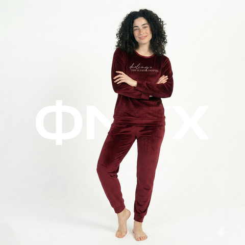 ФNYX Damen-Samtpyjama-Set S–XL – Burgunderrotes Langarm-Loungewear-Set 