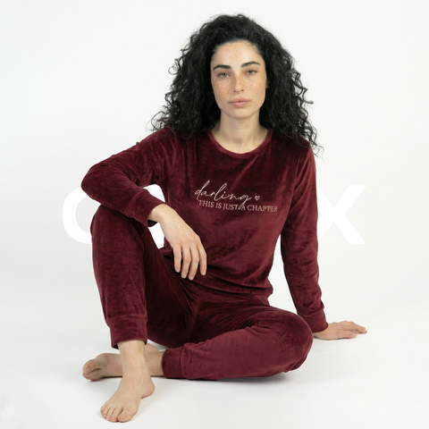 ФNYX Damen-Samtpyjama-Set S–XL – Burgunderrotes Langarm-Loungewear-Set 