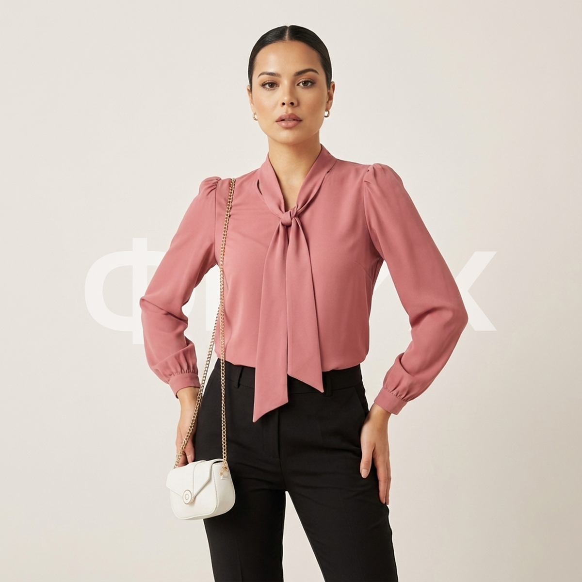ФNYX Damenbluse mit gerafften Ärmeln und Schalkragen – Langarm (Altrosa)