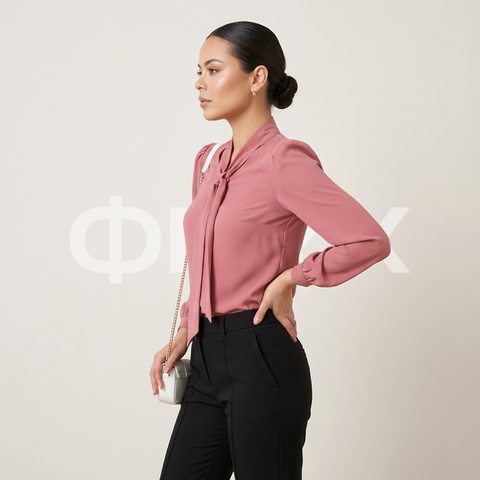 ФNYX Damenbluse mit gerafften Ärmeln und Schalkragen – Langarm (Altrosa)