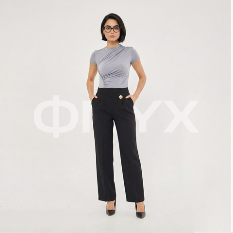 ФNYX Women’s Square Button Wide-Leg Pants – High-Waist Black Trousers