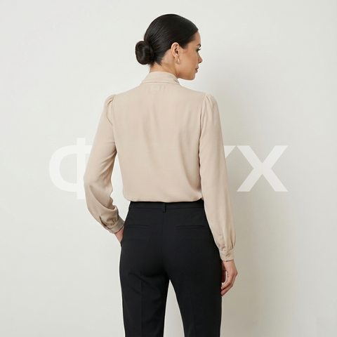 ФNYX Damenbluse mit gerafften Ärmeln und Schalkragen – Langarm (Beige)