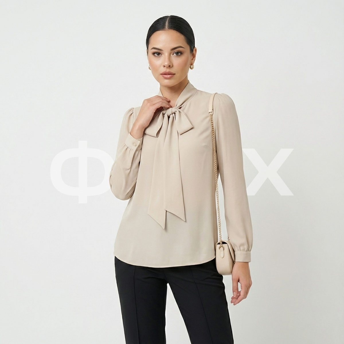 ФNYX Damenbluse mit gerafften Ärmeln und Schalkragen – Langarm (Beige)