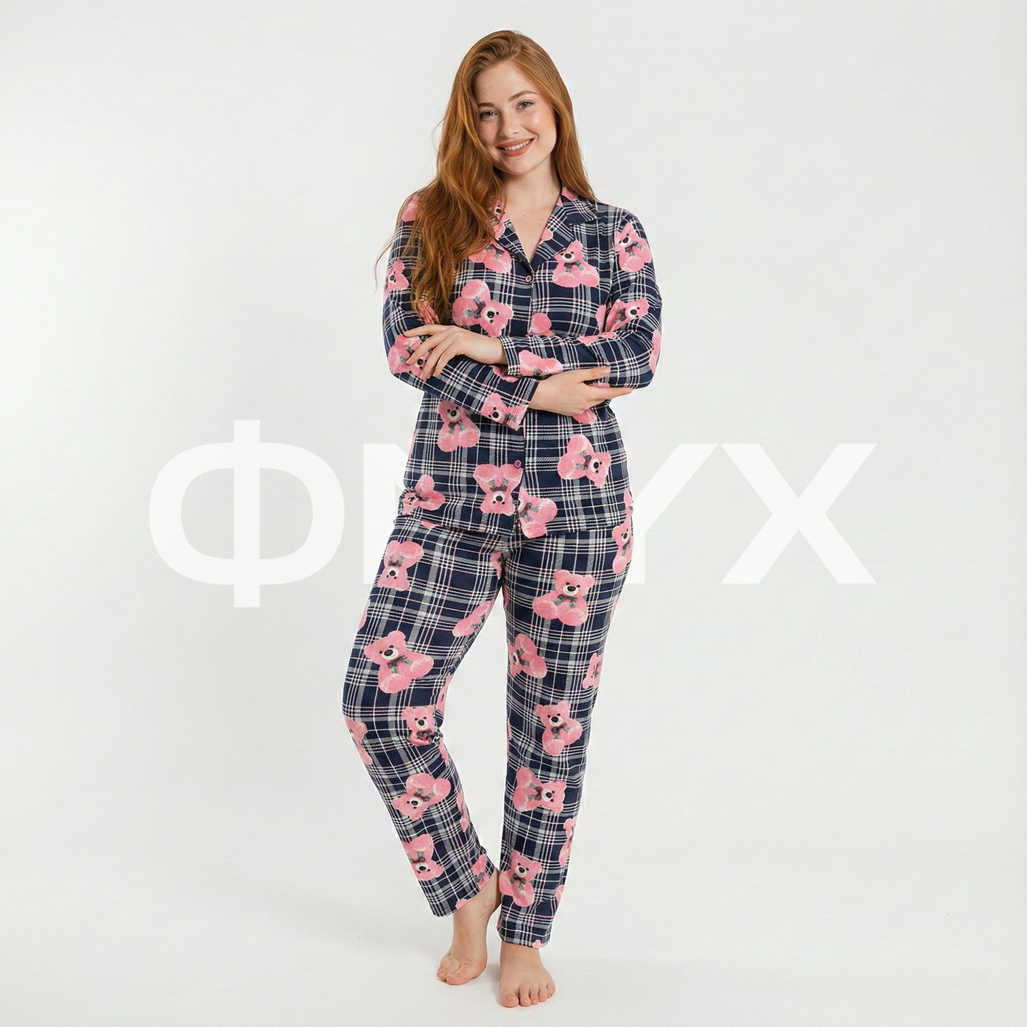 ФNYX Plus Size Women’s Pajama Set 3XL–5XL – Navy Plaid Teddy Bear Print Modal Suit