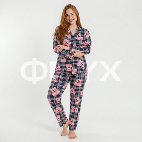 ФNYX Damen-Pyjama-Set in Übergröße 3XL–5XL – Marineblau karierter Modalanzug mit Teddybär-Print 
