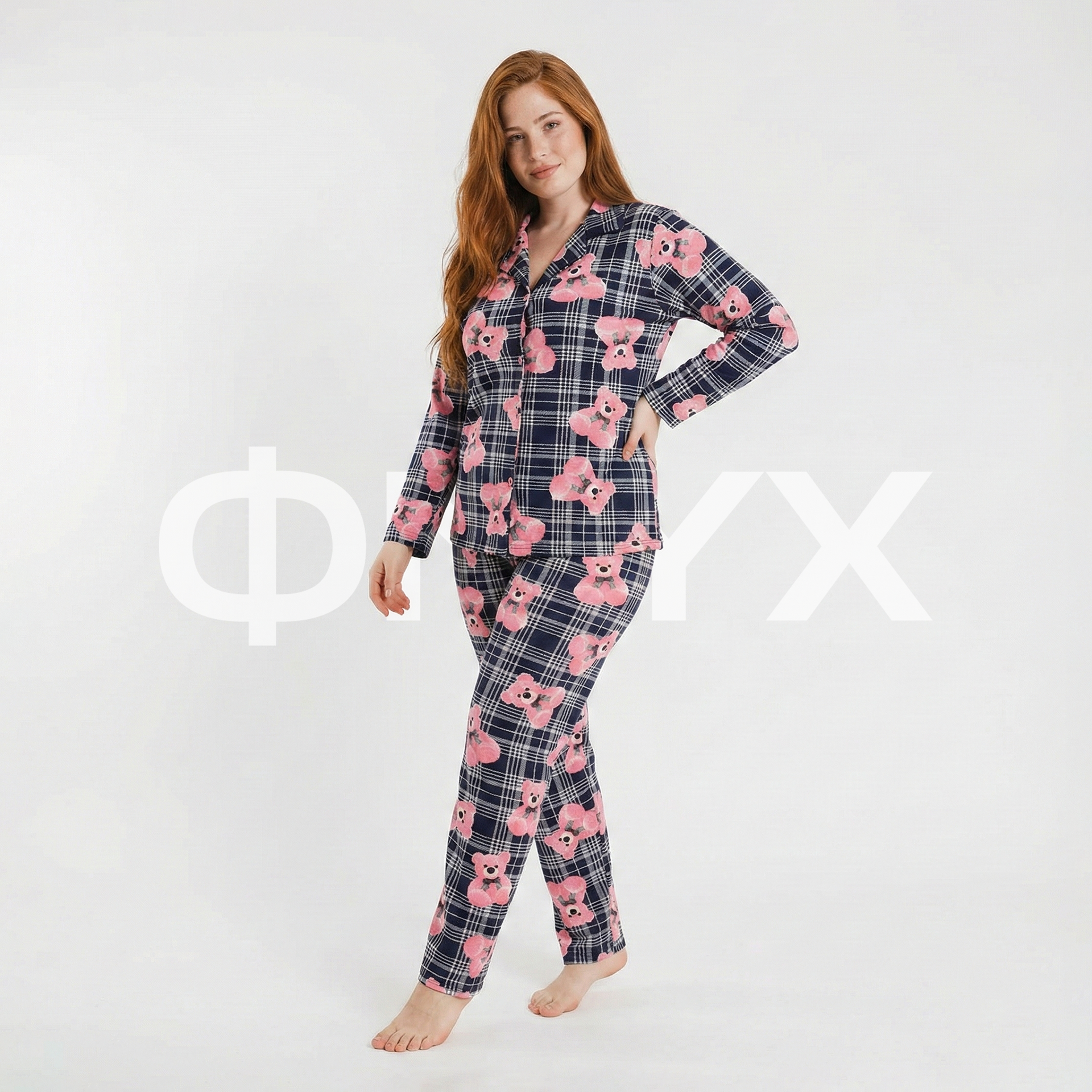 ФNYX Plus Size Women’s Pajama Set 3XL–5XL – Navy Plaid Teddy Bear Print Modal Suit