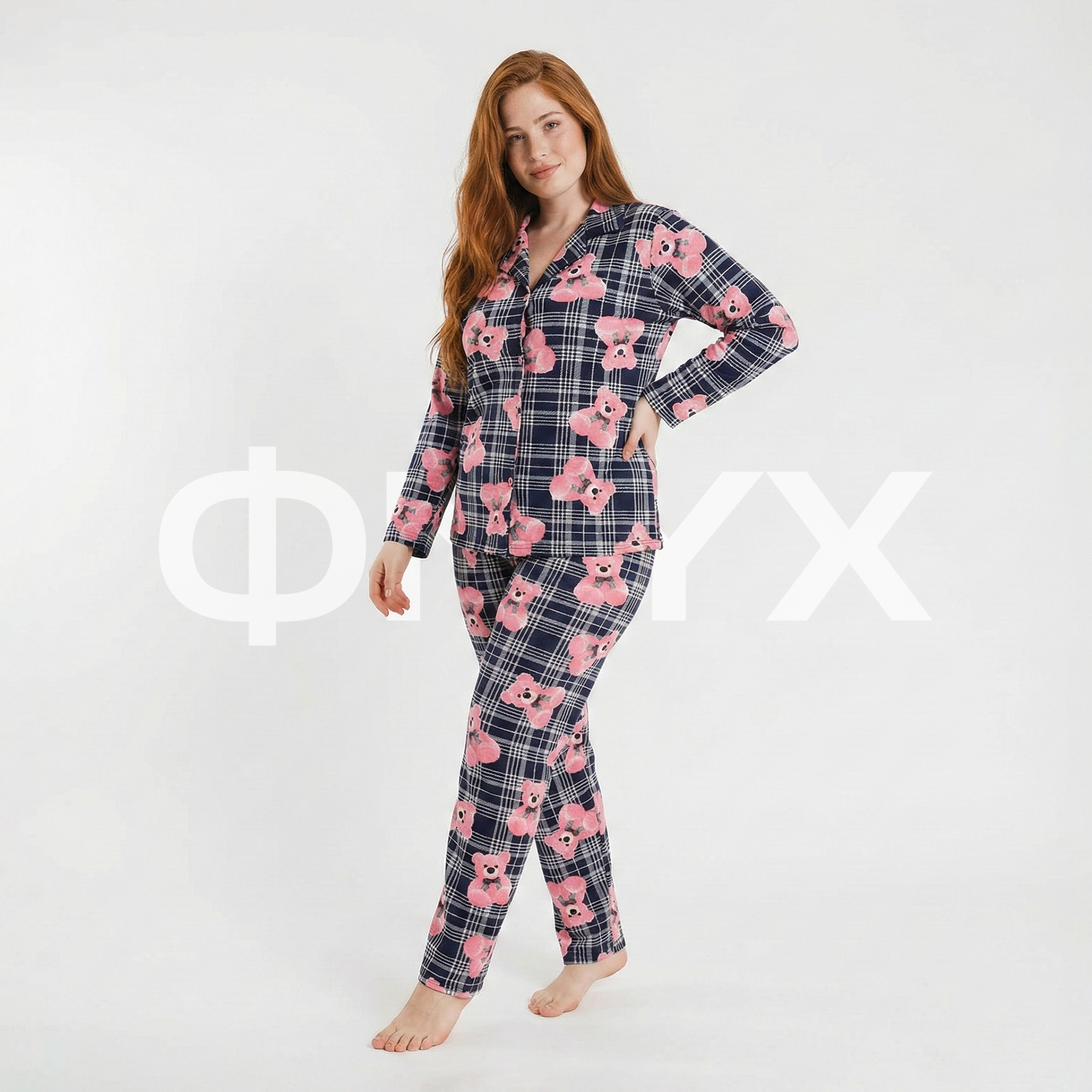 ФNYX Plus Size Women’s Pajama Set 3XL–5XL – Navy Plaid Teddy Bear Print Modal Suit