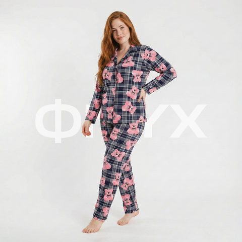 ФNYX Damen-Pyjama-Set in Übergröße 3XL–5XL – Marineblau karierter Modalanzug mit Teddybär-Print 