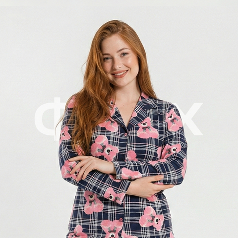 ФNYX Damen-Pyjama-Set in Übergröße 3XL–5XL – Marineblau karierter Modalanzug mit Teddybär-Print 