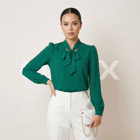 ФNYX Damenbluse mit gerafften Ärmeln und Schalkragen – Langarm (Smaragdgrün)