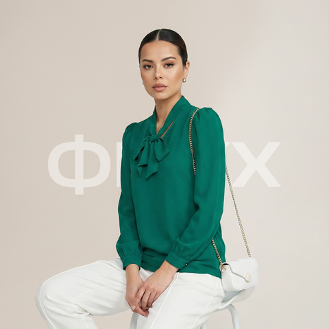 ФNYX Damenbluse mit gerafften Ärmeln und Schalkragen – Langarm (Smaragdgrün)