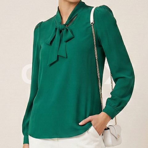 ФNYX Damenbluse mit gerafften Ärmeln und Schalkragen – Langarm (Smaragdgrün)