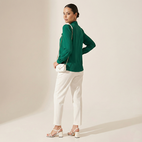 ФNYX Damenbluse mit gerafften Ärmeln und Schalkragen – Langarm (Smaragdgrün)