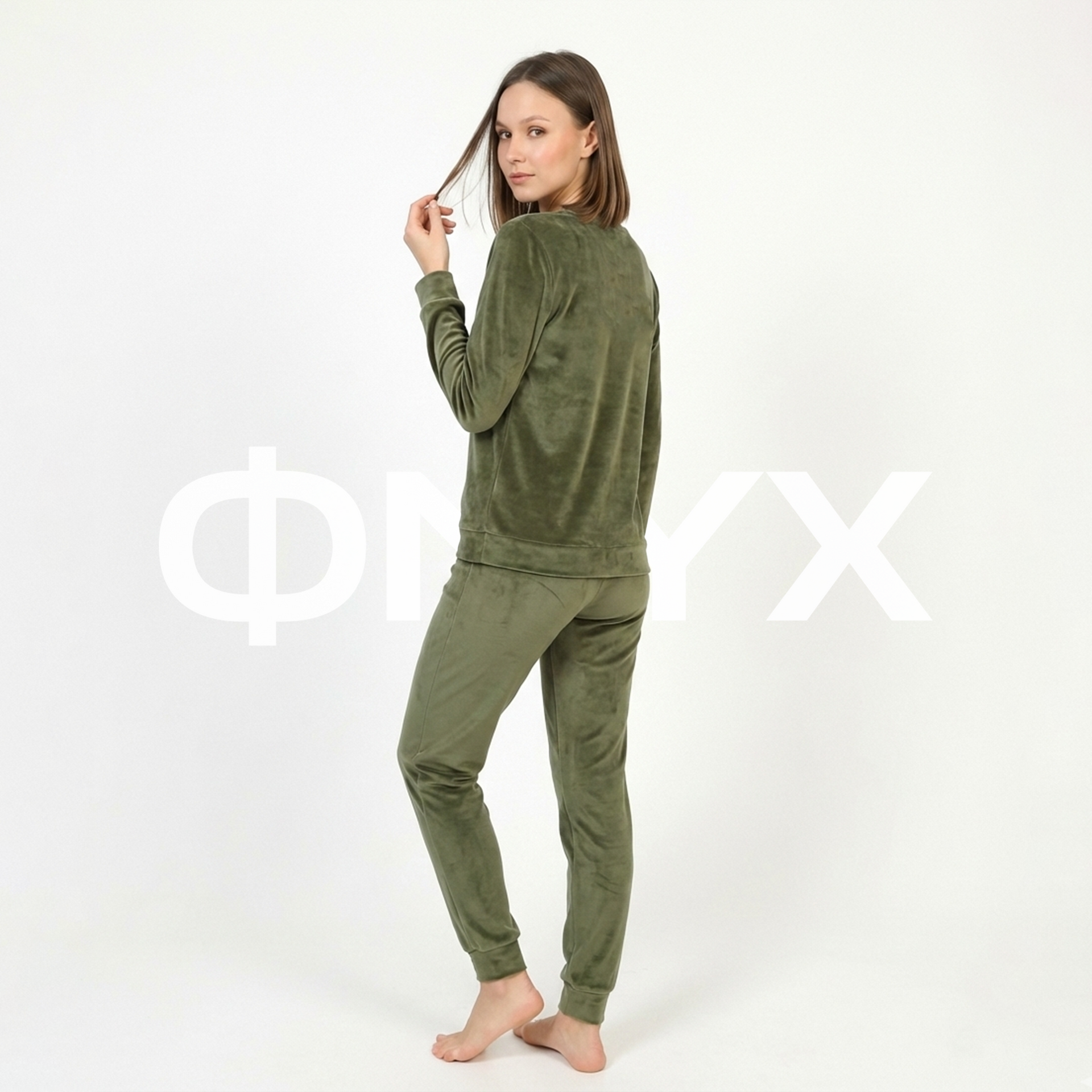 ФNYX Women’s Velvet Loungewear Set M–XXL – Olive Green French Velvet Two-Piece Suit
