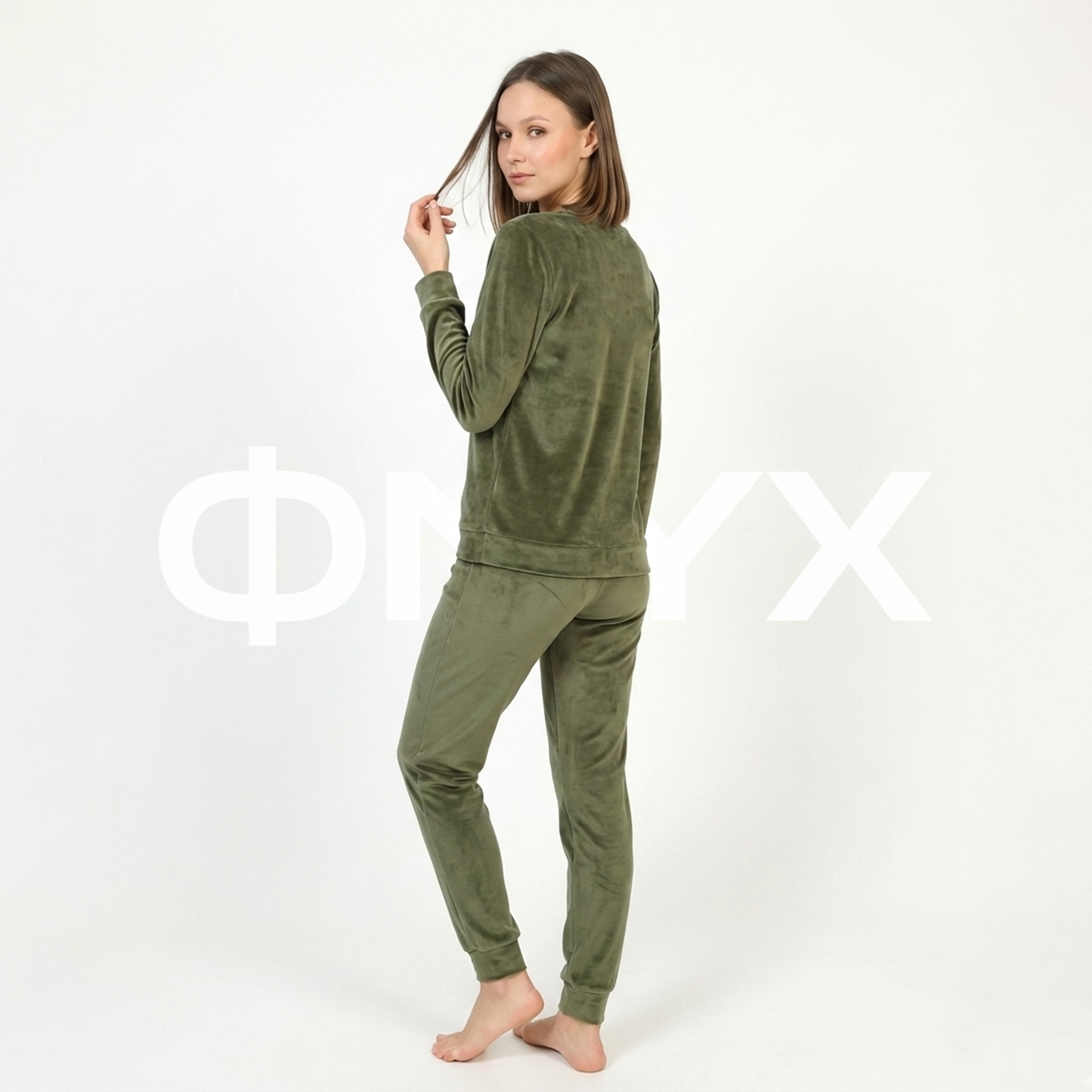 ФNYX Women’s Velvet Loungewear Set M–XXL – Olive Green French Velvet Two-Piece Suit