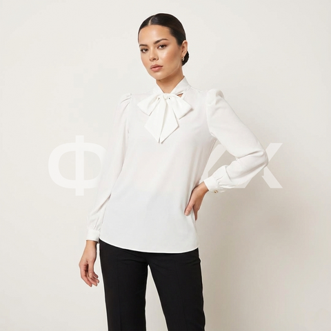 ONYX Damenbluse mit gerafften Ärmeln und Schal-Detail – Elegante Bluse in Ecru 