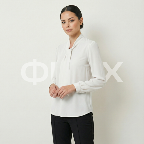 ONYX Damenbluse mit gerafften Ärmeln und Schal-Detail – Elegante Bluse in Ecru 