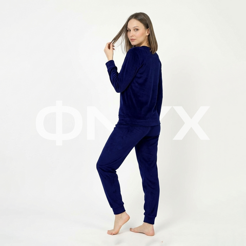 ФNYX Damen-Samtpyjama-Set S–XL – Marineblaues Langarm-Loungewear-Set 