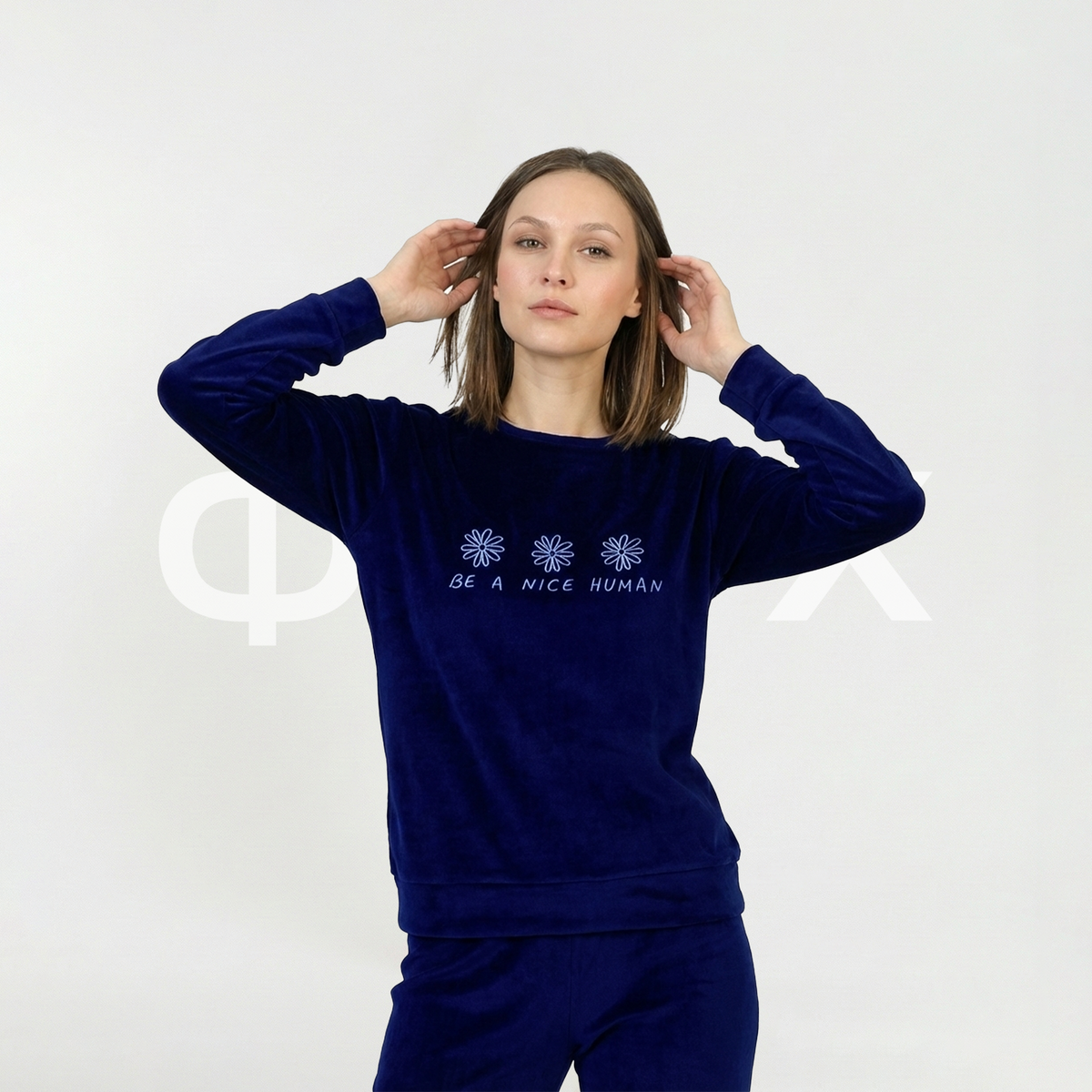 ФNYX Damen-Samtpyjama-Set S–XL – Marineblaues Langarm-Loungewear-Set 