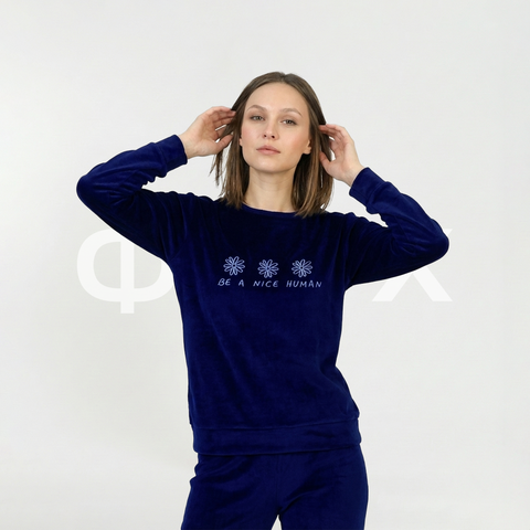 ФNYX Damen-Samtpyjama-Set S–XL – Marineblaues Langarm-Loungewear-Set 