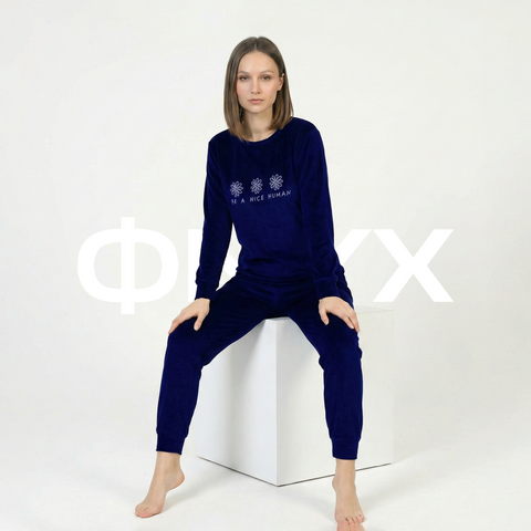 ФNYX Damen-Samtpyjama-Set S–XL – Marineblaues Langarm-Loungewear-Set 