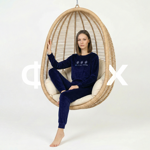 ФNYX Damen-Samtpyjama-Set S–XL – Marineblaues Langarm-Loungewear-Set 