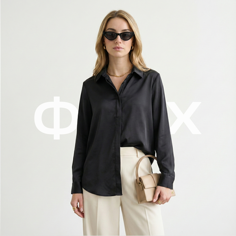 ФNYX Damen-Satinbluse im klassischen Stil – Langärmlige Bluse mit Knopfleiste (Schwarz)