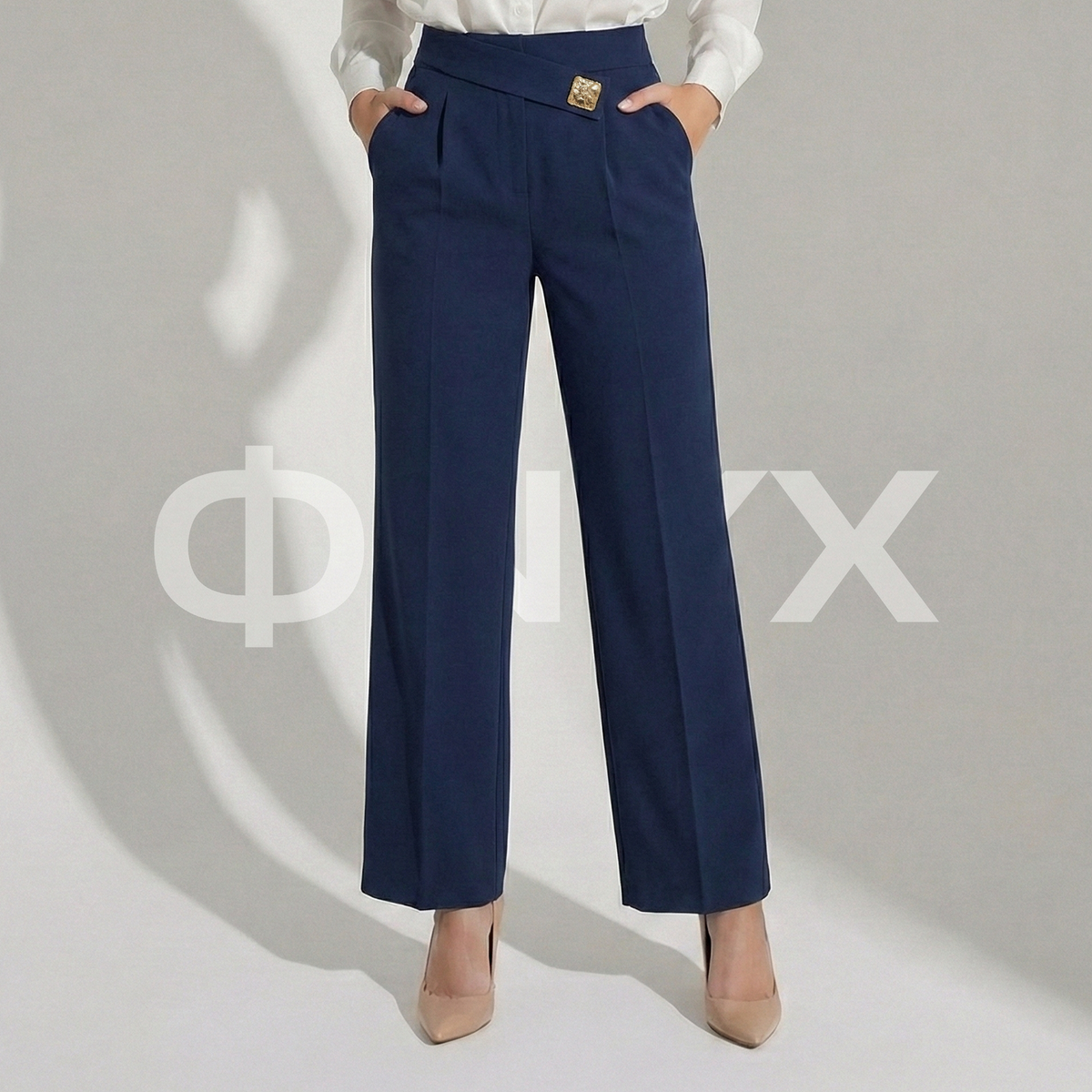 ФNYX Women’s Wide-Leg Button Detail Pants – High-Waist Navy Blue Trousers