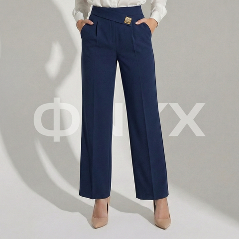 ФNYX Women’s Wide-Leg Button Detail Pants – High-Waist Navy Blue Trousers