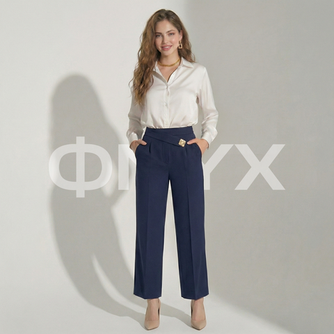 ФNYX Women’s Wide-Leg Button Detail Pants – High-Waist Navy Blue Trousers