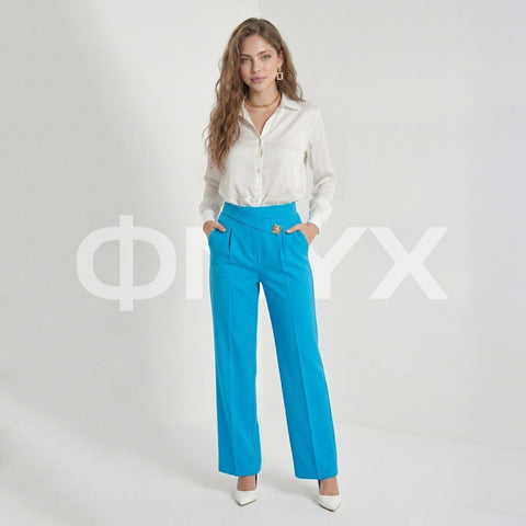 ФNYX Women’s Wide-Leg Button Detail Pants – High-Waist Navy Blue Trousers